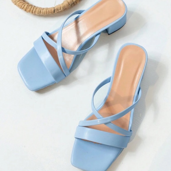 Shoes - Sky Blue Strappy Low Block Heel Sandals